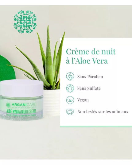 ARGANICARE Crème de nuit nourrissante et régénérante - Tous types de peaux - Aloe Vera - Nymphora