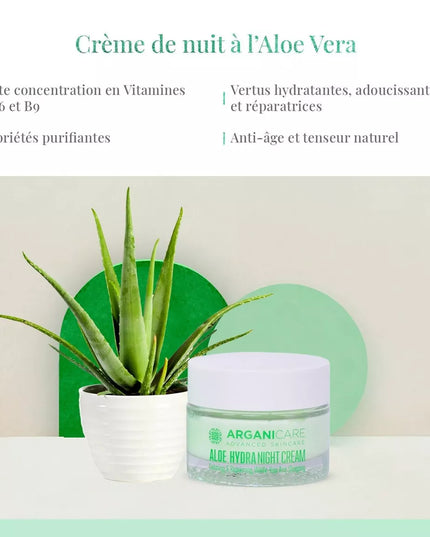 ARGANICARE Crème de nuit nourrissante et régénérante - Tous types de peaux - Aloe Vera - Nymphora