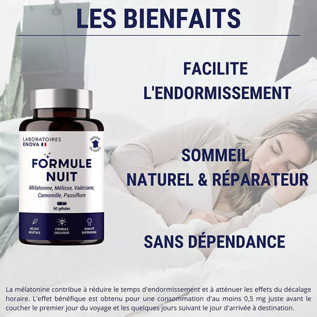 FORMULE NUIT | Mélatonine 1,9 mg + Plantes : Valériane, Mélisse, Camomille, Passiflore | Complément Alimentaire pour Dormir 100% Naturel | 60 nuits de Sommeil Naturel | Fabriqué en France
