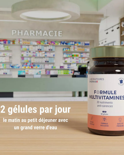 MULTIVITAMINES et Minéraux 30 Nutriments | Vitamine A B C D E K, Quercetine, Magnesium, Zinc, Coenzyme Q10, Selenium | Complement Alimentaire | Fabriqué en France | 60 gélules - Nymphora