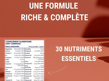 MULTIVITAMINES et Minéraux 30 Nutriments | Vitamine A B C D E K, Quercetine, Magnesium, Zinc, Coenzyme Q10, Selenium | Complement Alimentaire | Fabriqué en France | 60 gélules