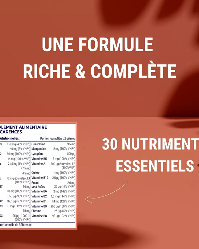 MULTIVITAMINES et Minéraux 30 Nutriments | Vitamine A B C D E K, Quercetine, Magnesium, Zinc, Coenzyme Q10, Selenium | Complement Alimentaire | Fabriqué en France | 60 gélules - Nymphora