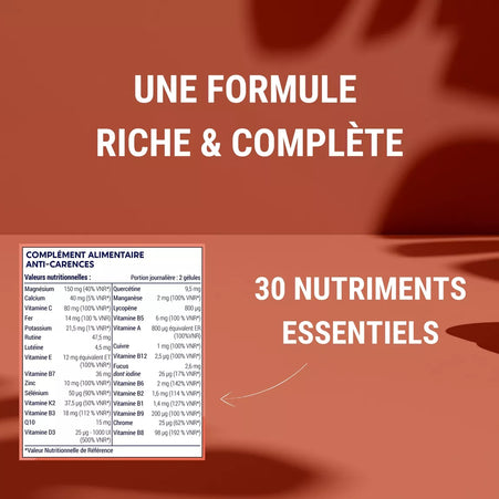 MULTIVITAMINES et Minéraux 30 Nutriments | Vitamine A B C D E K, Quercetine, Magnesium, Zinc, Coenzyme Q10, Selenium | Complement Alimentaire | Fabriqué en France | 60 gélules