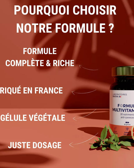 MULTIVITAMINES et Minéraux 30 Nutriments | Vitamine A B C D E K, Quercetine, Magnesium, Zinc, Coenzyme Q10, Selenium | Complement Alimentaire | Fabriqué en France | 60 gélules - Nymphora