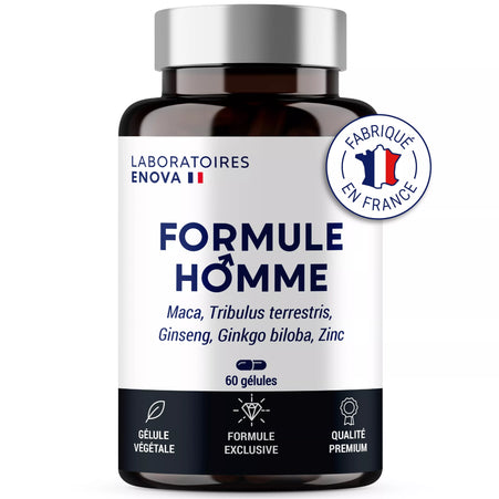 FORMULE HOMME | Vigueur, Puissance, Endurance | Complexe de Plantes pour Hommes : Maca, Tribulus Terrestris, Ginseng, Ginkgo Biloba, Zinc | 60 Gélules | Fabriqué en France | Complement alimentaire