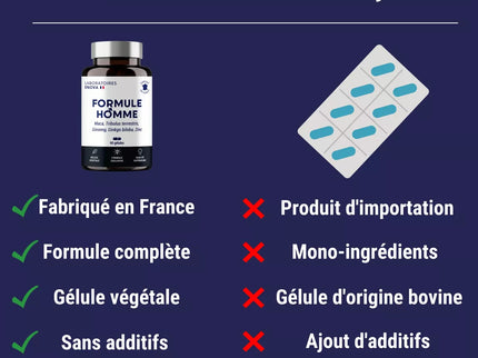 FORMULE HOMME | Vigueur, Puissance, Endurance | Complexe de Plantes pour Hommes : Maca, Tribulus Terrestris, Ginseng, Ginkgo Biloba, Zinc | 60 Gélules | Fabriqué en France | Complement alimentaire