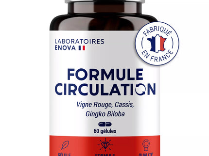 FORMULE CIRCULATION Sanguine, veineuse | Jambes lourdes, Rétention d'eau | Vigne Rouge (hautement dosé), Cassis, Gingko Biloba | 60 gélules | Complement alimentaire