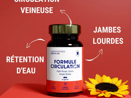 FORMULE CIRCULATION Sanguine, veineuse | Jambes lourdes, Rétention d'eau | Vigne Rouge (hautement dosé), Cassis, Gingko Biloba | 60 gélules | Complement alimentaire