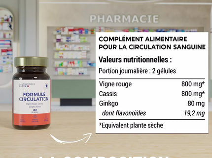 FORMULE CIRCULATION Sanguine, veineuse | Jambes lourdes, Rétention d'eau | Vigne Rouge (hautement dosé), Cassis, Gingko Biloba | 60 gélules | Complement alimentaire