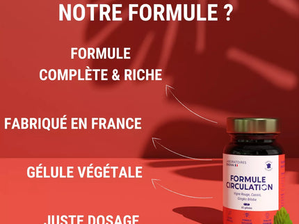 FORMULE CIRCULATION Sanguine, veineuse | Jambes lourdes, Rétention d'eau | Vigne Rouge (hautement dosé), Cassis, Gingko Biloba | 60 gélules | Complement alimentaire