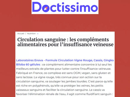 FORMULE CIRCULATION Sanguine, veineuse | Jambes lourdes, Rétention d'eau | Vigne Rouge (hautement dosé), Cassis, Gingko Biloba | 60 gélules | Complement alimentaire