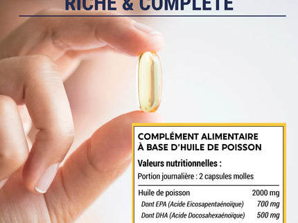 OMEGA 3 | Huile de poisson Ultra concentrée + Vitamine E | Riche en acides gras 700 MG EPA + 500 MG DHA par portion | Vision, Cerveau, Cœur | 60 gélules Biodisponibles | Complement alimentaire