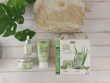 TROUSSE LOV'ALOE - 3 SOINS BIO A L'ALOE VERA - CREME VISAGE, GEL BIO D'ALOE VERA ET SERUM - FABRIQUE EN FRANCE - CADEAU NOEL - COFFRET COSMETIQUE