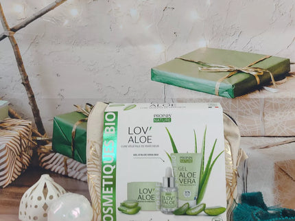 TROUSSE LOV'ALOE - 3 SOINS BIO A L'ALOE VERA - CREME VISAGE, GEL BIO D'ALOE VERA ET SERUM - FABRIQUE EN FRANCE - CADEAU NOEL - COFFRET COSMETIQUE