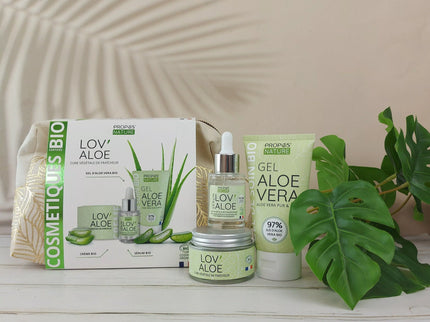 TROUSSE LOV'ALOE - 3 SOINS BIO A L'ALOE VERA - CREME VISAGE, GEL BIO D'ALOE VERA ET SERUM - FABRIQUE EN FRANCE - CADEAU NOEL - COFFRET COSMETIQUE
