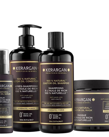Kerargan - Ensemble Anti-Chute Shampoing, Après-shampoing, Masque & Sérum à l’Huile de Ricin - 3x500ml + 100ml - Nymphora
