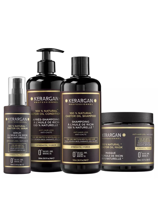 Kerargan - Ensemble Anti-Chute Shampoing, Après-shampoing, Masque & Sérum à l’Huile de Ricin - 3x500ml + 100ml - Nymphora