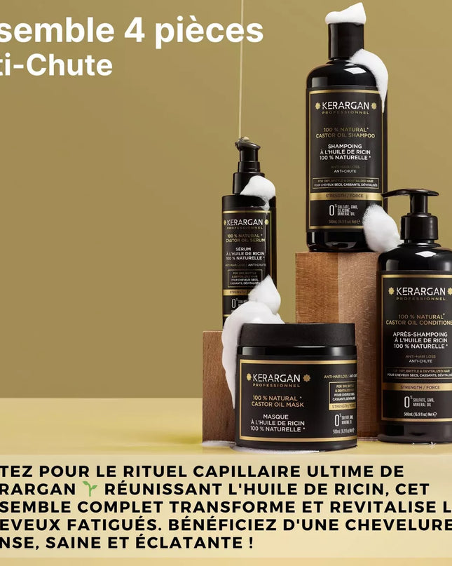Kerargan - Ensemble Anti-Chute Shampoing, Après-shampoing, Masque & Sérum à l’Huile de Ricin - 3x500ml + 100ml - Nymphora