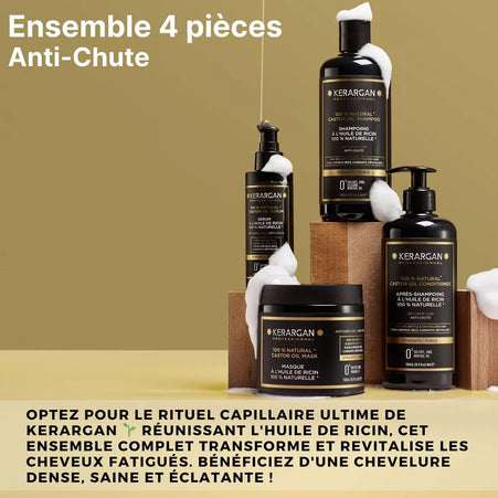 Kerargan - Ensemble Anti-Chute Shampoing, Après-shampoing, Masque & Sérum à l’Huile de Ricin - 3x500ml + 100ml
