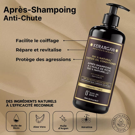 Kerargan - Ensemble Anti-Chute Shampoing, Après-shampoing, Masque & Sérum à l’Huile de Ricin - 3x500ml + 100ml - Nymphora