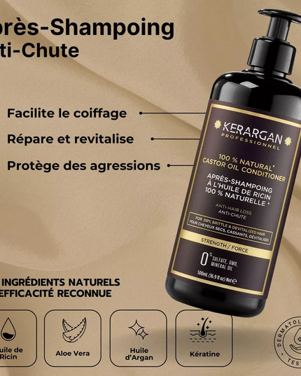 Kerargan - Ensemble Anti-Chute Shampoing, Après-shampoing, Masque & Sérum à l’Huile de Ricin - 3x500ml + 100ml - Nymphora