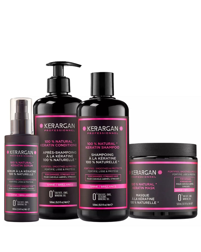 Kerargan - Ensemble Ultra Réparateur Shampoing, Après-shampoing, Masque & Sérum à la Kératine - 3x500ml +100 ml - Nymphora