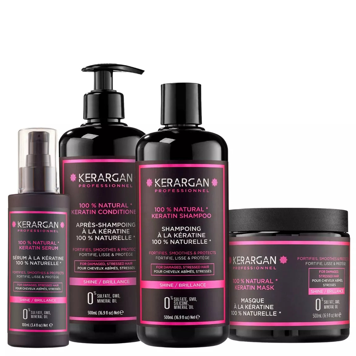 Kerargan - Ensemble Ultra Réparateur Shampoing, Après-shampoing, Masque & Sérum à la Kératine - 3x500ml +100 ml - Nymphora