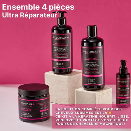 Kerargan - Ensemble Ultra Réparateur Shampoing, Après-shampoing, Masque & Sérum à la Kératine - 3x500ml +100 ml - Nymphora