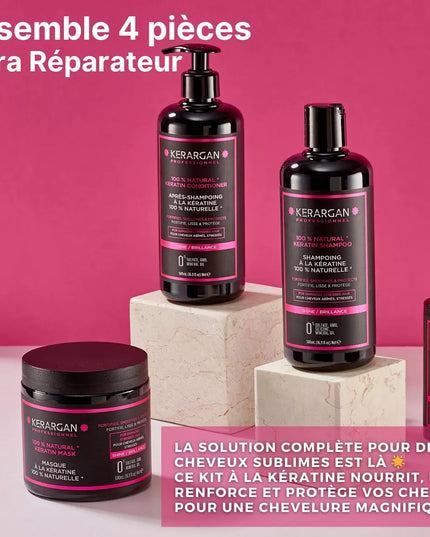 Kerargan - Ensemble Ultra Réparateur Shampoing, Après-shampoing, Masque & Sérum à la Kératine - 3x500ml +100 ml - Nymphora