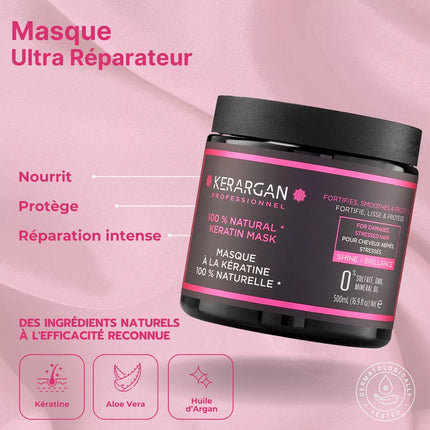 Kerargan - Ensemble Ultra Réparateur Shampoing, Après-shampoing, Masque & Sérum à la Kératine - 3x500ml +100 ml - Nymphora