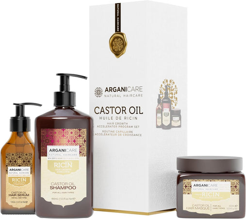 ARGANICARE | Shampoing + Masque + Sérum Ricin | Accélérateur de Croissance | Apaise le cuir Chevelu | Nourrit et Renforce le cuir Chevelu | Cheveux Fort et Brillant | 400ML + 500ML + 100ML