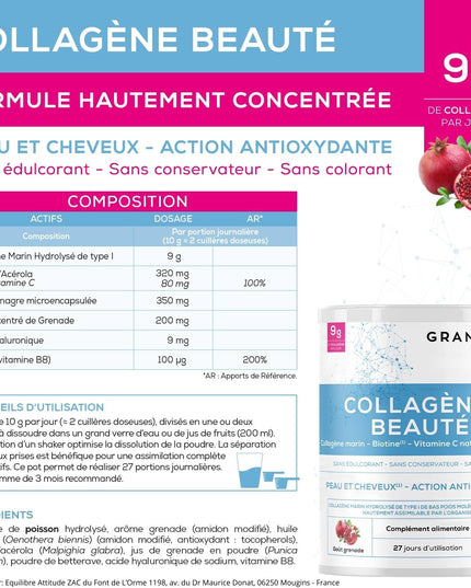 GRANIONS COLLAGENE + BEAUTE Peau et Cheveux - Poudre Parfum Grenade 275g - Nymphora
