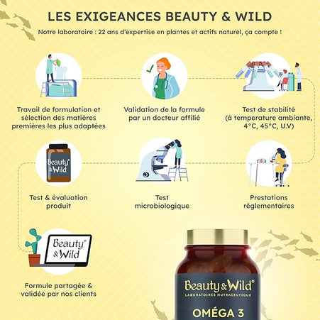 Capsules d'OMÉGA 3-2000mg d’Huile de Poissons Sauvages, Riche en acide aminés EPA/DHA, Santé du Cœur, Cholestérol, Cerveau, Idéal Musculation, Fitness, 120 capsules d'oméga 3 - Beauty&Wild