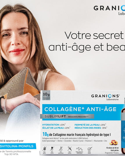 GRANIONS COLLAGENE + ANTI-ÂGE Sublimlift Goût Pêche - 10 Shots - Nymphora