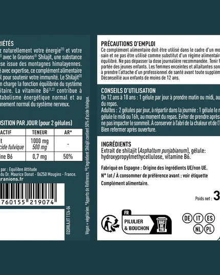 GRANIONS SHILAJIT 1000mg - 60 Gélules - Nymphora