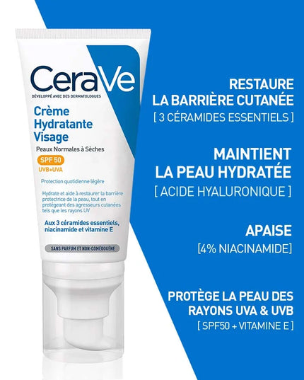 CERAVE Crème Hydratante Visage SPF50 - 52ml - Nymphora